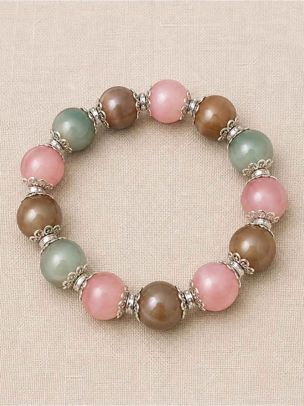Multicolor Beaded Stretch Bracelet - Pink, Green & Brown